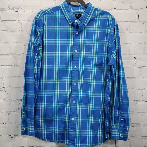 Chaps Button Down Shirt Men XL Stretch Poplin Green Blue Plaid Size XL - Picture 1 of 7